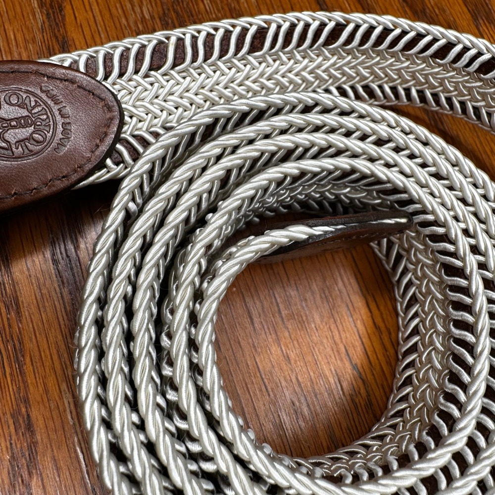 Torino Italy Mens Braided Belt 46 Silver Brown Woven Leather Solid Brass Buckle